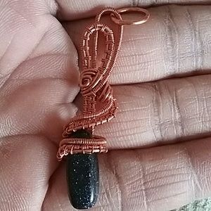 Blue Goldstone hand wire wrapped pendant, freebie